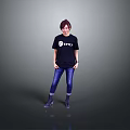 Woman with short hair in black STYLE T shirt blue jeans black boots gray background