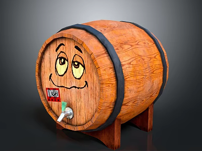 Wooden Beer Barrel With Smiley Face Beer Label Faucet And Black Hoops 3d model