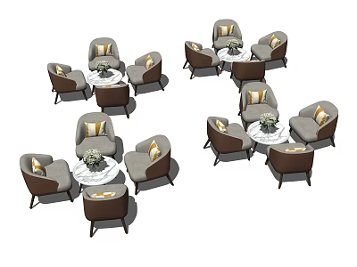 Multiple Modern Round Table and Chair Sets With Padded Seats And Decorative Centerpieces 3d model