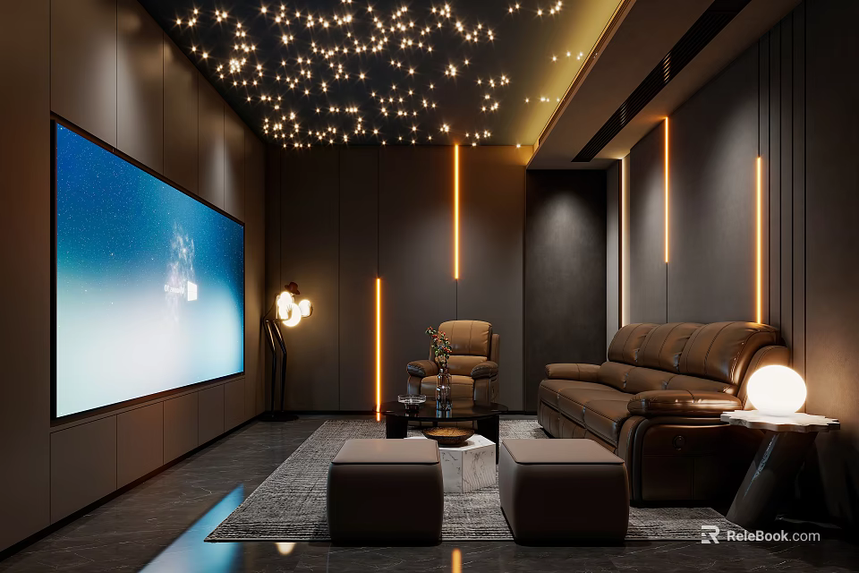 Modern Home Theater With Large TV Screen Starry Ceiling Brown Leather Sofa And Comfortable Seating 3d model 