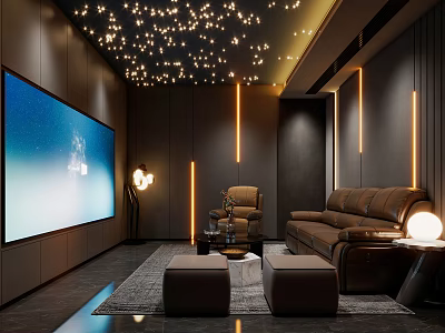 Modern Home Theater With Large TV Screen Starry Ceiling Brown Leather Sofa And Comfortable Seating 3d model