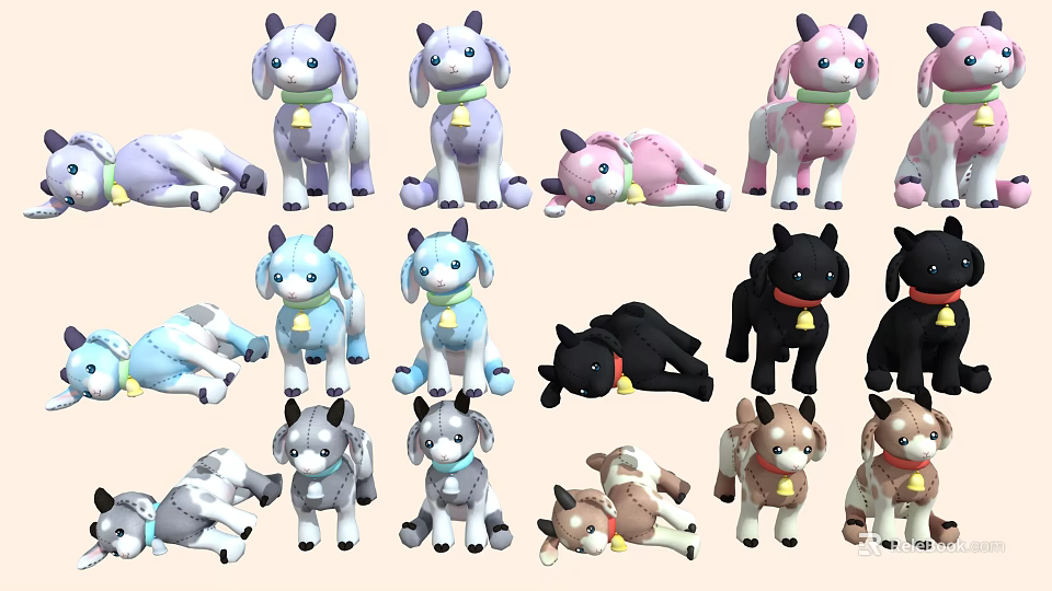 Colorful Plush Puppy Toys with Bells Around Neck in Sitting and Lying Positions 3d model 