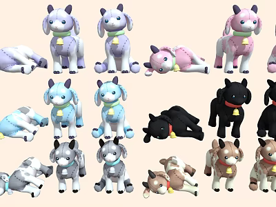 Colorful Plush Puppy Toys with Bells Around Neck in Sitting and Lying Positions 3d model