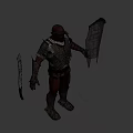 Game Movie Character With Red Skin Fierce Face And Tattered Armor Standing Pose
