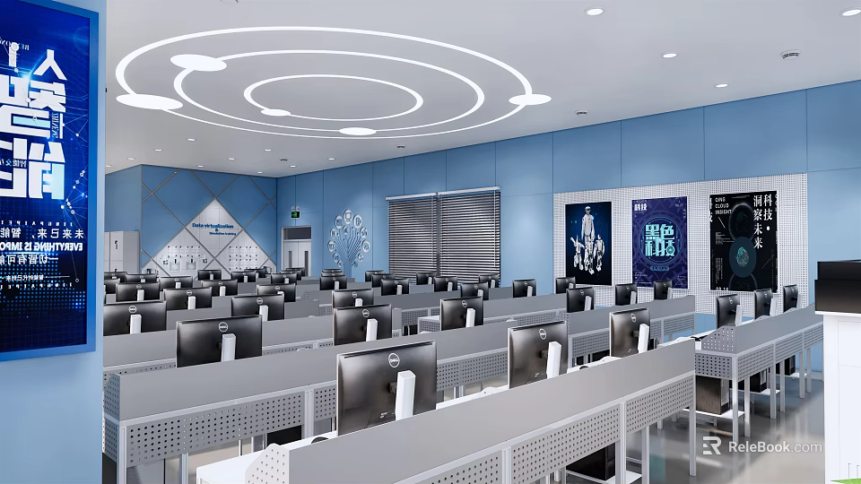 School Computer Classroom With Blue Walls Circular White Ceiling Designs And Neatly Arranged Computers For Student Learning 3d model 