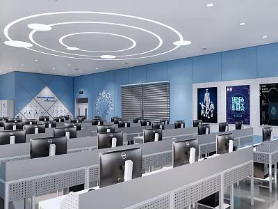 School Computer Classroom With Blue Walls Circular White Ceiling Designs And Neatly Arranged Computers For Student Learning 3d model