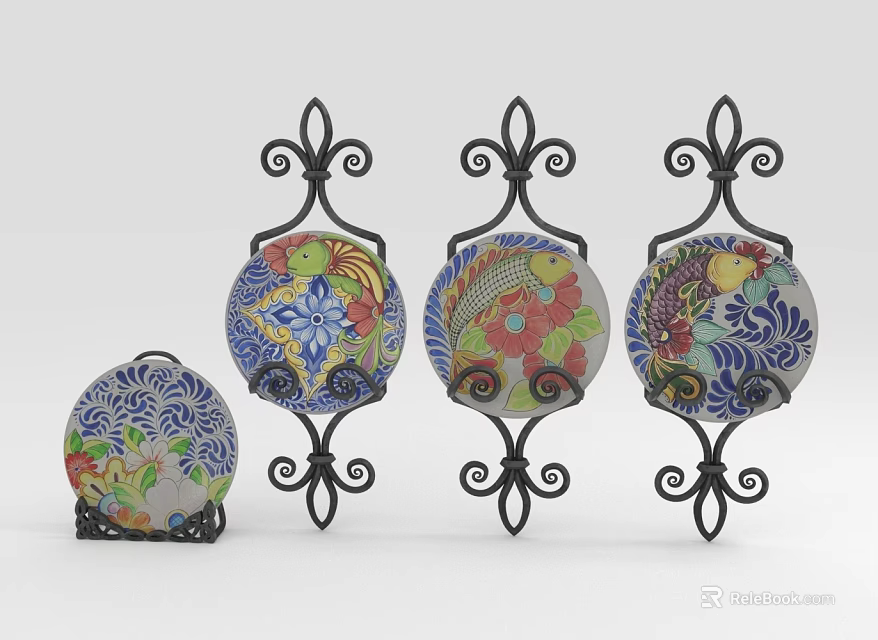 Colorful Floral Pattern Round Decorative Plates on Iron Stands for Home Decoration 3d model 