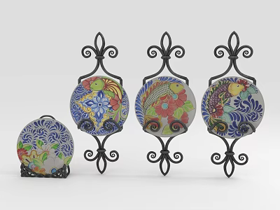 Colorful Floral Pattern Round Decorative Plates on Iron Stands for Home Decoration 3d model