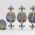 Colorful Floral Pattern Round Decorative Plates on Iron Stands for Home Decoration