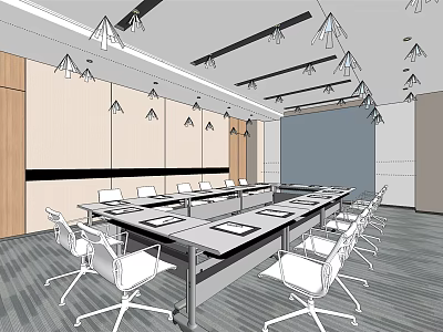 Modern Conference Room Interior With Long Table White Chairs And Ceiling Lighting 3d model