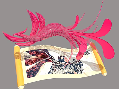 Art Installation With Pink Flowing Forms And Decorative Scroll With Patterns 3d model