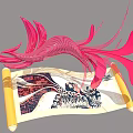 Art Installation With Pink Flowing Forms And Decorative Scroll With Patterns