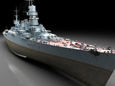 Large Gray Warship With Turrets Antennas And Red White Deck Features 3d model