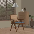 Leisure Chair With Rattan Backrest Wooden Frame Blue Cushion In Bright Room By Window Blinds