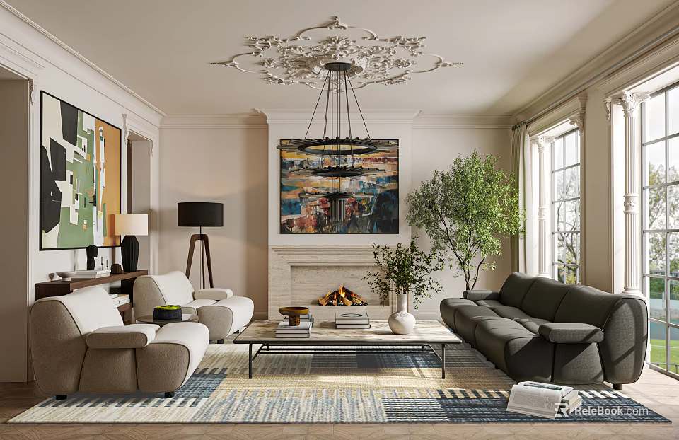 Elegant Bright Spacious Living Room With Fireplace Chandelier Artworks Indoor Plants And Comfortable Sofas 3d model 