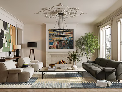 Elegant Bright Spacious Living Room With Fireplace Chandelier Artworks Indoor Plants And Comfortable Sofas 3d model