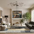 Elegant Bright Spacious Living Room With Fireplace Chandelier Artworks Indoor Plants And Comfortable Sofas