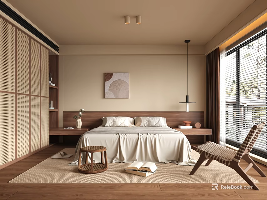 Japanese Style Bedroom Interior With Wooden Elements Tatami Mat And Natural Light 3d model 
