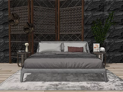 Double Bed Background Featuring Stone Wall Wooden Screen Nightstands Green Plant And Rug 3d model
