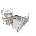 Vintage Style Single Bed with Ornate Iron Headboard and Patterned Bedding 3d model