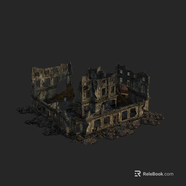 Ruined Building Structure With Broken Walls And Scattered Stone Debris 3d model 