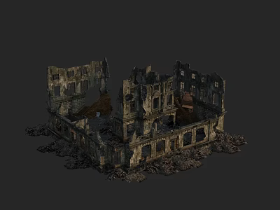 Ruined Building Structure With Broken Walls And Scattered Stone Debris 3d model