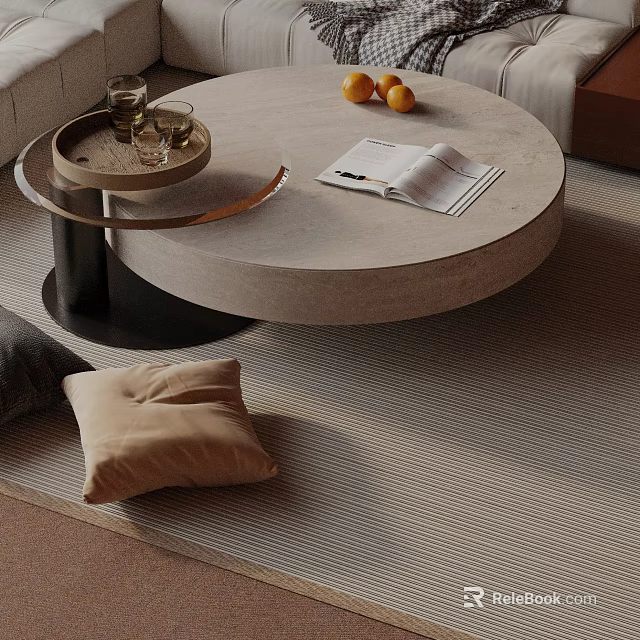 Modern Sofa Coffee Table Set With Round Stone Surface Tray Glass Cups Oranges And Magazine 3d model 
