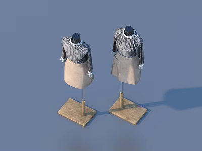 Fashion Mannequins Wearing Gray Sleeve Tops And Beige Skirts On Wooden Bases With Blue Background 3d model