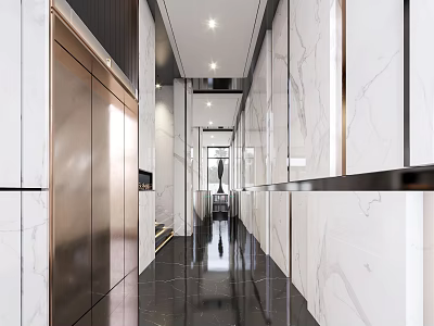 Modern Office Corridor With Marble Walls Metal Elements And Recessed Lighting 3d model