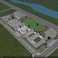 Aerial View of Modern School Building Complex with Sports Field Green Lawn and River