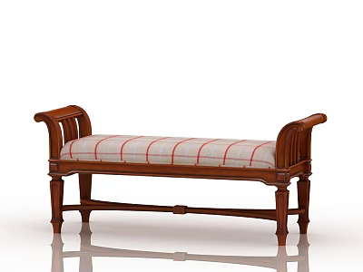 Wooden Bed Bench With Armrest And Plaid Cushion For Bedroom Furniture Design 3d model