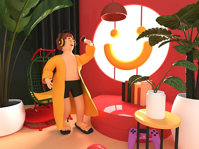 Cartoon Scene Featuring Character Wearing Headphones Yellow Robe Red Sofa Yellow Smiley Face Green Plants 3d model