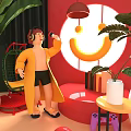 Cartoon Scene Featuring Character Wearing Headphones Yellow Robe Red Sofa Yellow Smiley Face Green Plants