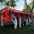 Red Container Building Design With Outdoor Grass Surrounding Trees And White Support Structures 3d model