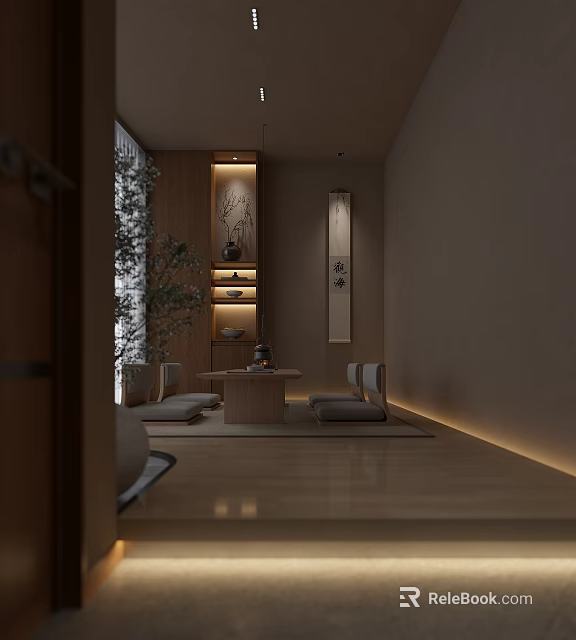 Traditional Japanese Tea Room Interior With Tatami Low Wooden Table Tea Set And Scroll Art 3d model 