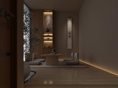 Traditional Japanese Tea Room Interior With Tatami Low Wooden Table Tea Set And Scroll Art 3d model