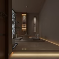 Traditional Japanese Tea Room Interior With Tatami Low Wooden Table Tea Set And Scroll Art