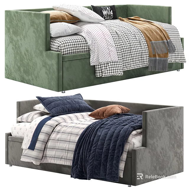 Green And Gray Upholstered Beds With Plaid Bedding Pillows And Blankets 3d model 