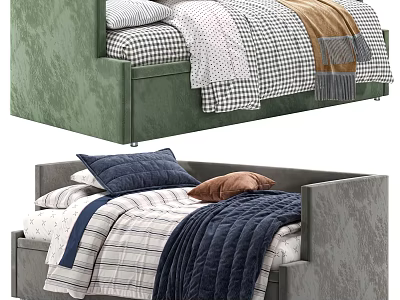 Green And Gray Upholstered Beds With Plaid Bedding Pillows And Blankets 3d model