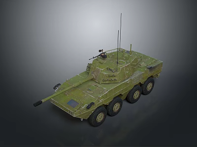 Green Camouflage Military Armored Vehicle 3D Model With Six Wheels Top Mounted Weapon And Antenna 3d model