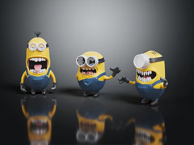 Minions with Yellow Bodies Blue Overalls Goggles Showing Exaggerated Expressions Open Mouths and Waving Hands 3d model