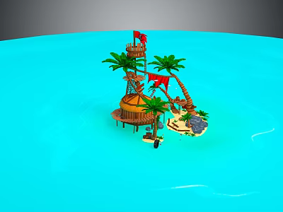 Cartoon Tropical Island Scene with Palm Trees Wooden Hut Red Flag and Blue Water 3d model