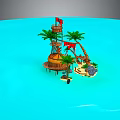 Cartoon Tropical Island Scene with Palm Trees Wooden Hut Red Flag and Blue Water