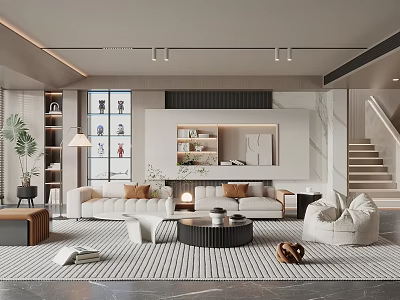 Modern Living Room Interior Design With White Sofa Striped Rug And Round Coffee Table 3d model