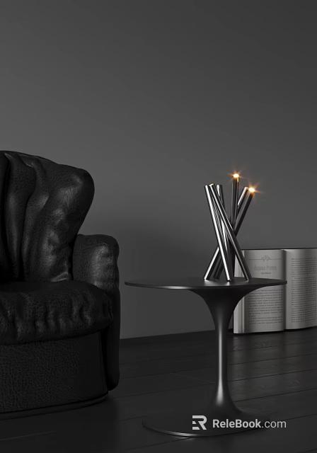 Modern Metal Table Lamp With Lit Lights On Round Side Table By Black Leather Sofa In Gray Background 3d model 