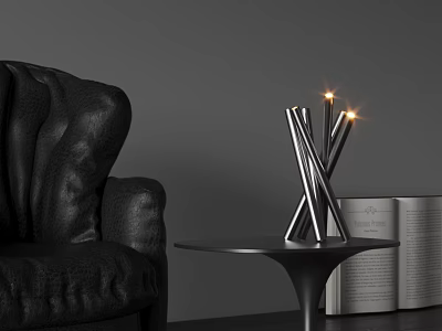 Modern Metal Table Lamp With Lit Lights On Round Side Table By Black Leather Sofa In Gray Background 3d model