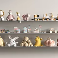 Cute Stuffed Animal Dolls Displayed On White Shelf With Various Shapes