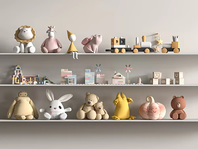 Cute Stuffed Animal Dolls Displayed On White Shelf With Various Shapes 3d model