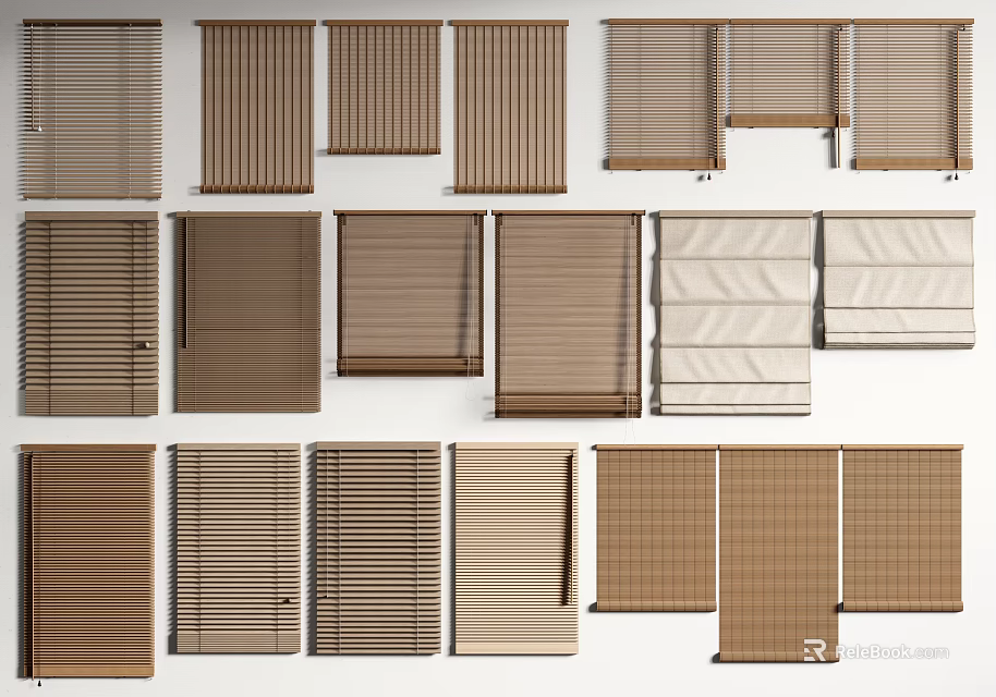 Modern Horizontal and Vertical Blinds in Various Wooden and Fabric Materials for Window Treatment 3d model 