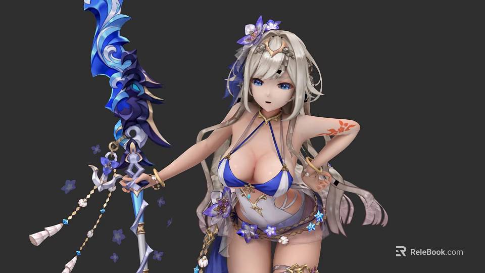 Game Anime Character With Silver Long Hair Purple Flower Accessories And Blue White Outfit 3d model 